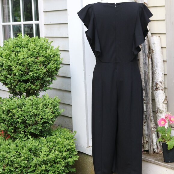 Du Jour Petite Black V-Neck Flutter Sleeve Wide Leg Stretch Crepep Romper Sz XLP - Picture 5 of 9